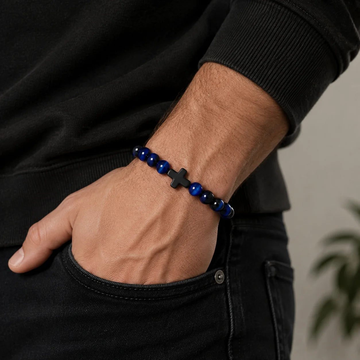 Natural Stone & Wood Bead Rosary Bracelet - Hematite Cross Meditation & Yoga Jewelry for Men & Women
