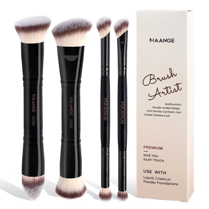 MAANGE 4PCS Basic Makeup Brush Set – Dual-Ended Foundation, Powder, Blush & Eyeshadow Brushes with Travel Box