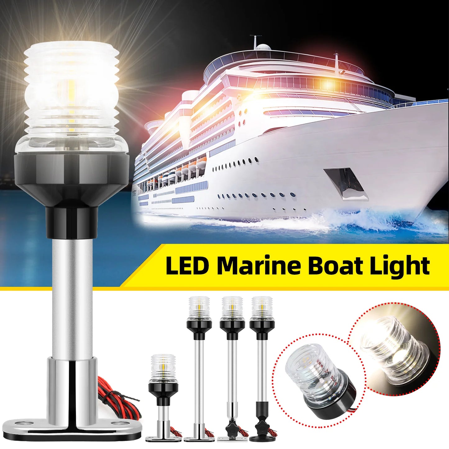 12V/24V LED Boat Navigation Light – 360° Fold Down Marine Signal Anchor Light for Yacht & Sailing