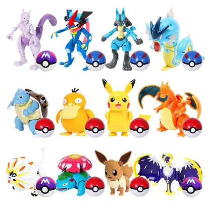 New Pokémon Action Figures – Pikachu, Charizard & Greninja Pocket Monster Poké Ball Deformation Toys for Kids Birthday Gifts
