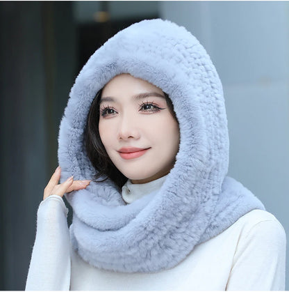 2025 Women’s Knitted Rex Rabbit Fur Hat – Hooded Scarf with Neck Collar, Long Winter Warm Fur Hat & Scarf Set