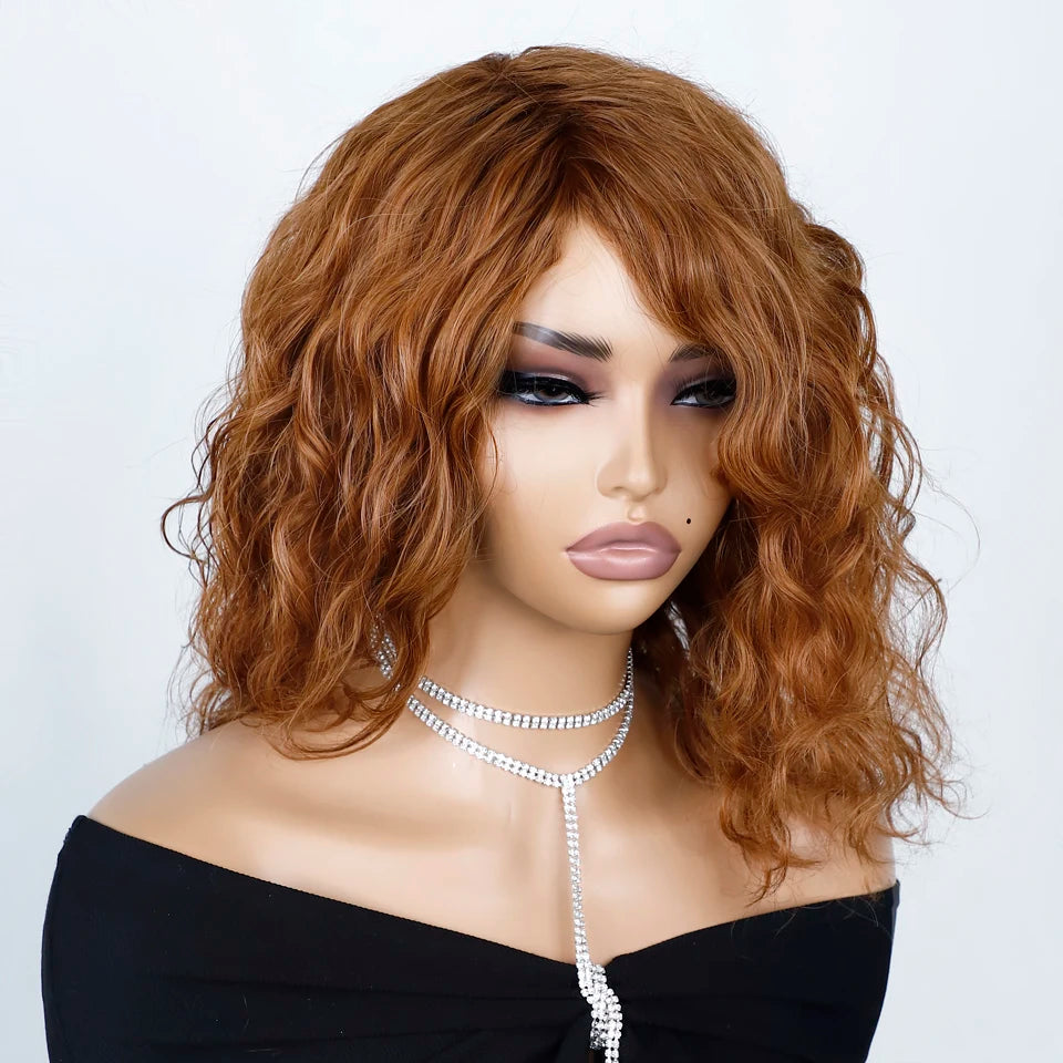 Honey Curly Bob Human Hair Wig — Side Part Pre-Plucked Glueless Brown & Blonde Curly Wig with Fringe Bangs