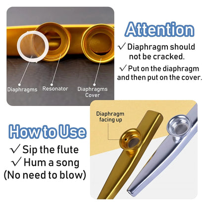 Golden Aluminum Kazoo - Membrane Diaphragm Musical Instrument for Beginners & Performers