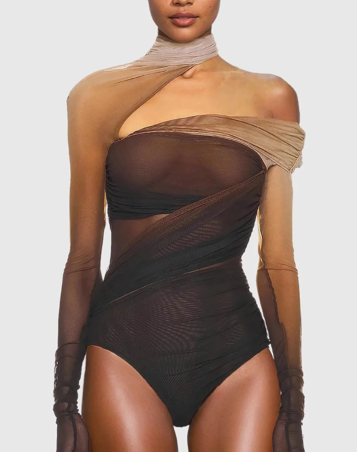 Sexy Off-Shoulder Mesh Jumpsuit Top – Slant Breasted, Hollowed-Out, Gradient See-Through Base Shirt