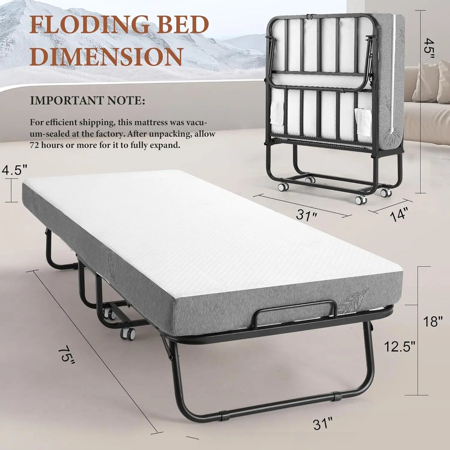 Twin Size Foldable Metal Bed Frame with Foam Mattress – Rollaway Space Saving Guest Bed with Lockable Wheels (75”x31”)