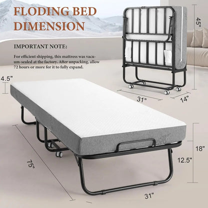 Twin Size Foldable Metal Bed Frame with Foam Mattress – Rollaway Space Saving Guest Bed with Lockable Wheels (75”x31”)