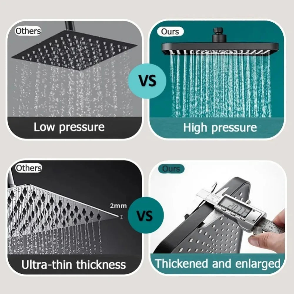 New 12 Inch High Pressure Top Spray Rain Shower Head - Larger Flow Supercharge Rainfall Showerhead with 360° Swivel - Water Saving Design