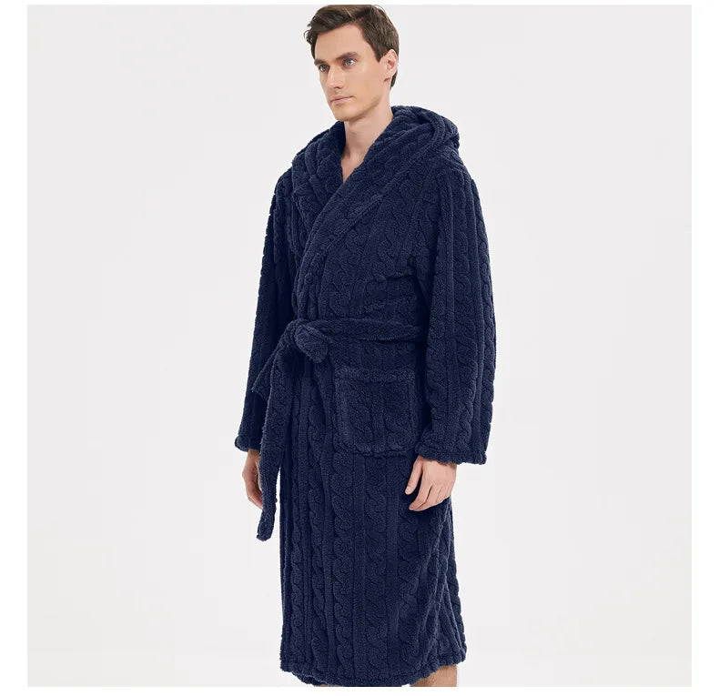 Men’s Fall & Winter Warm Hooded Robe – Thickened Cotton Velvet Jacquard Homewear for Couples