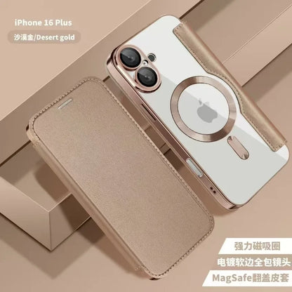Electroplated Flip Leather Case for iPhone 16, 15, 14, 13, 12 & 11 Plus Pro Max – Luxury MagSafe Wireless Charging Protective Cover