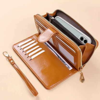 Women’s Vintage PU Leather Clutch Wallet — Large Capacity Phone Purse with Wristband, Simple Card Holder Pouch Bag
