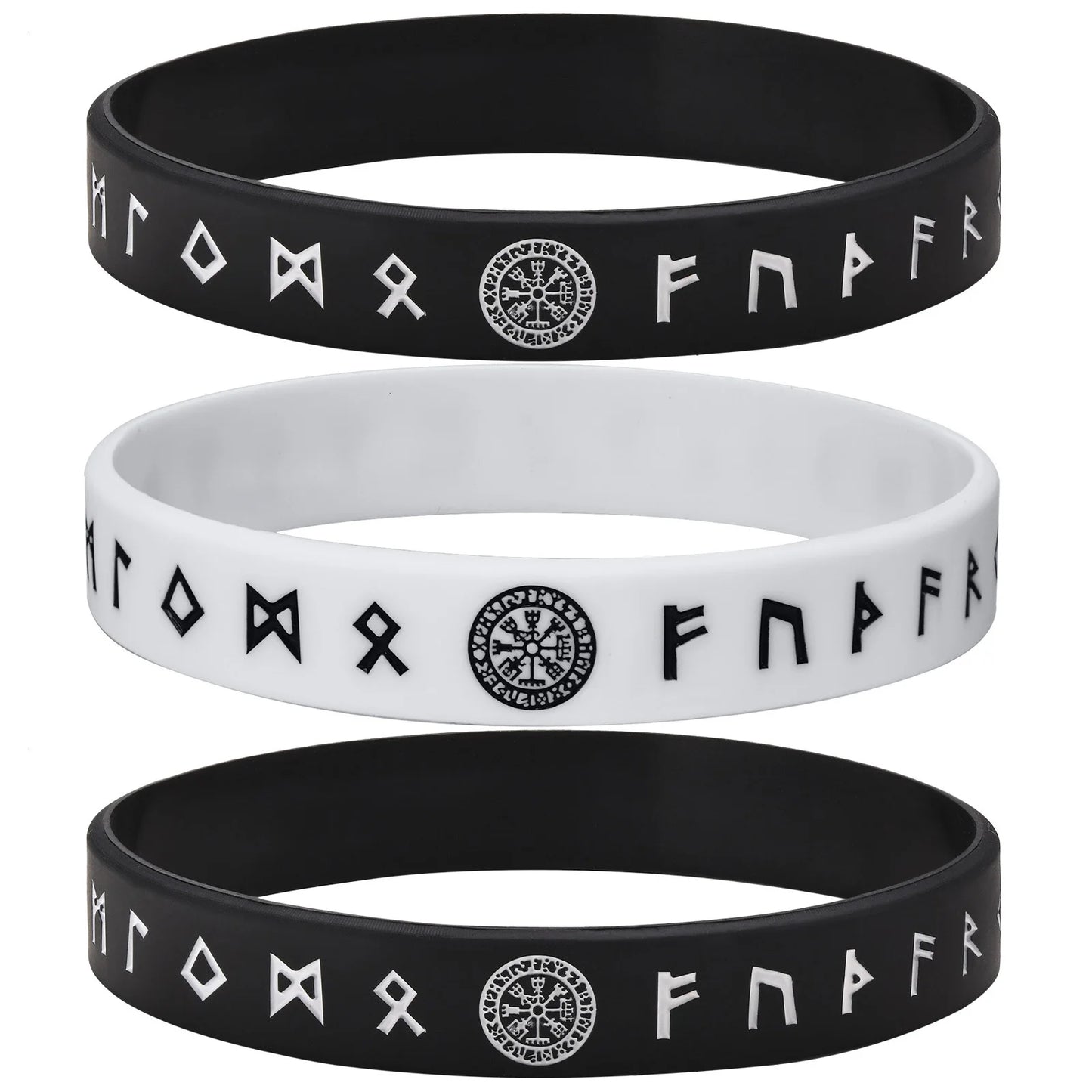 Vnox 12mm Silicone Bracelet for Men - Soft Rubber Viking Compass Rune Amulet Wristband Set