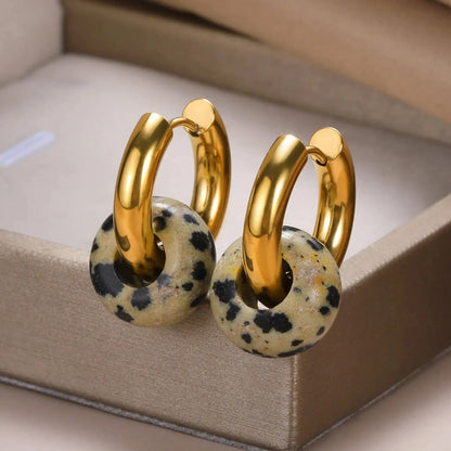 Leopard Bead Opal Stainless Steel Hoop Earrings — Gold Color, Anti-Fading Wedding & Prom Jewelry for Women, Gift Accessory