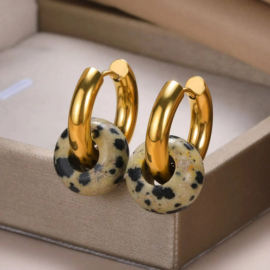 Leopard Bead Opal Stainless Steel Hoop Earrings — Gold Color, Anti-Fading Wedding & Prom Jewelry for Women, Gift Accessory