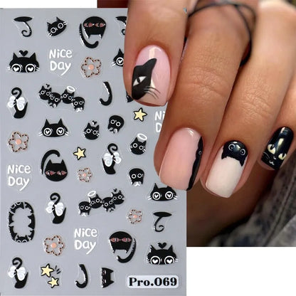 2PCS 3D Black Cat Nail Stickers - Cute Cartoon Self-Adhesive Nail Art Decals for Manicure