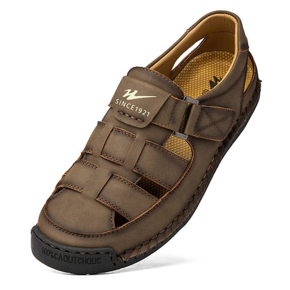 Men's Wide Toe Leather Sandals - Breathable Hollow Out Closed Toe Roman Casual Shoes Plus Size