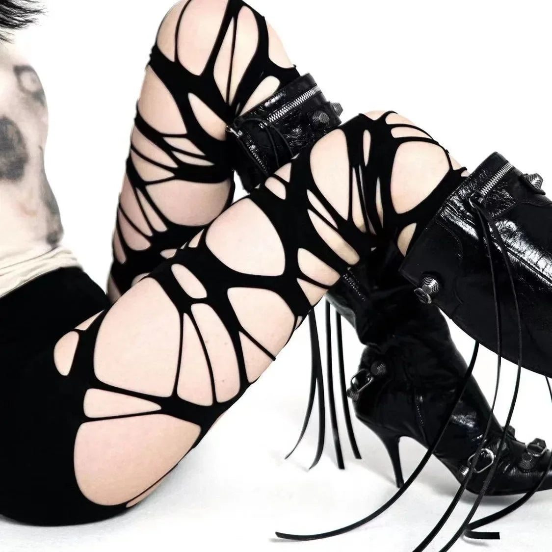 Gothic Glamour: Women's Sexy Perforated Stocking - Halloween Punk Torn Strap Y2K Ragged Pantyhose, Hosiery Party Underwear