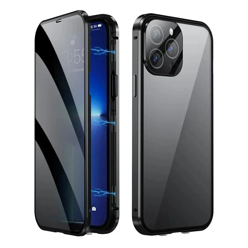 360° Full Protection Metal Magnetic Double-Sided Glass Case for iPhone 17 16 15 14 13 12 Pro Max Plus 17E 16E - Snap Lock Privacy Protective Cover
