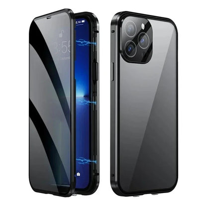 360° Full Protection Metal Magnetic Double-Sided Glass Case for iPhone 17 16 15 14 13 12 Pro Max Plus 17E 16E - Snap Lock Privacy Protective Cover