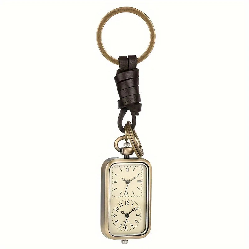 Bronze Square Pocket Watch Keychain - Vintage Double-Movement Quartz Pendant Watch with Antique Style