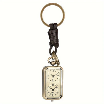 Bronze Square Pocket Watch Keychain - Vintage Double-Movement Quartz Pendant Watch with Antique Style
