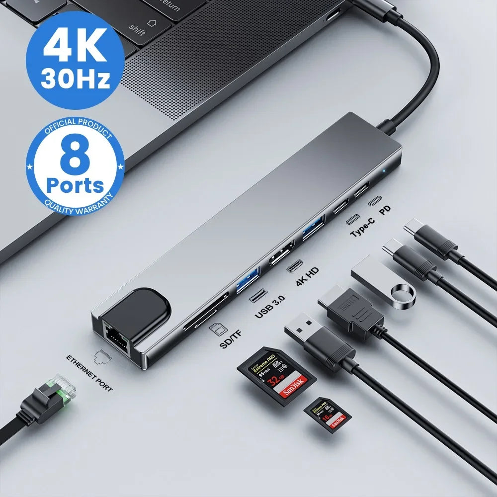 8-in-1 USB-C Hub – Type-C 3.1 to 4K HDMI Adapter with RJ45, SD/TF Card Reader & PD Fast Charging for MacBook & Laptops