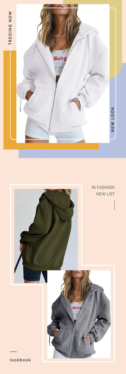 Women’s Gray Zip-Up Hoodie Sweatshirt – Autumn Winter Long Sleeve Jacket with Pockets