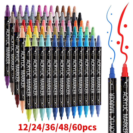 12/24/36/48/60 Colors Dual Tip Acrylic Paint Pens — Markers for Wood, Canvas, Stone, Rock, Glass & Ceramic DIY Crafts