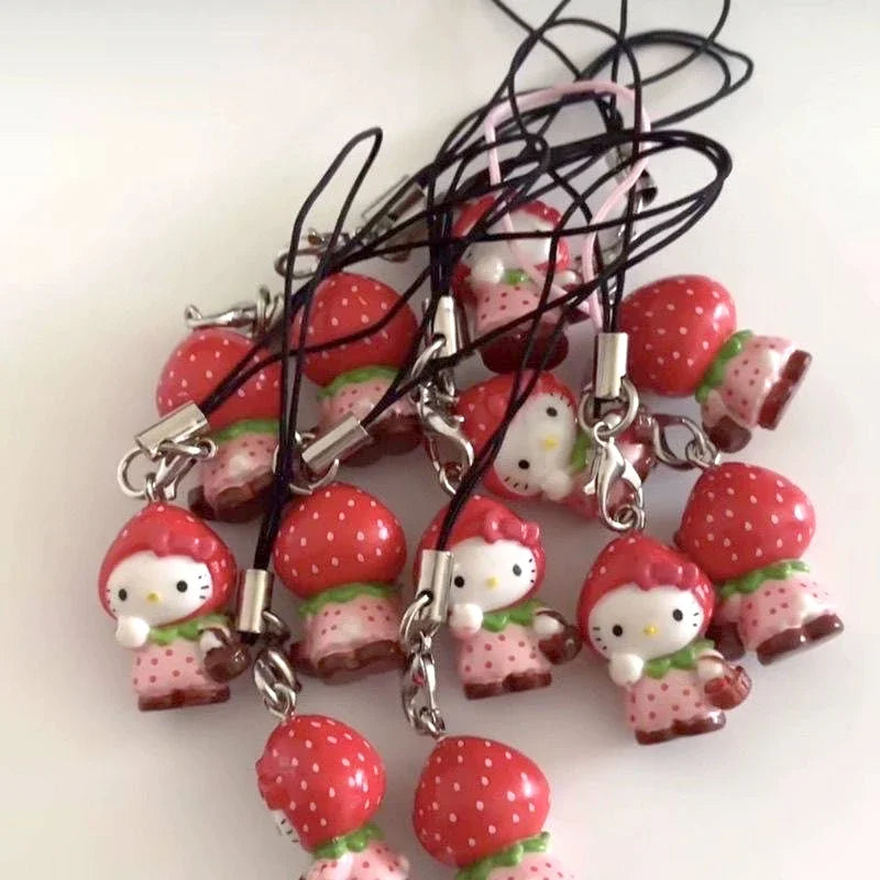 Kawaii Strawberry Hello Kitty Phone Pendant — Cute DIY Backpack Keychain, Fun Decoration & Birthday Gift for Friends
