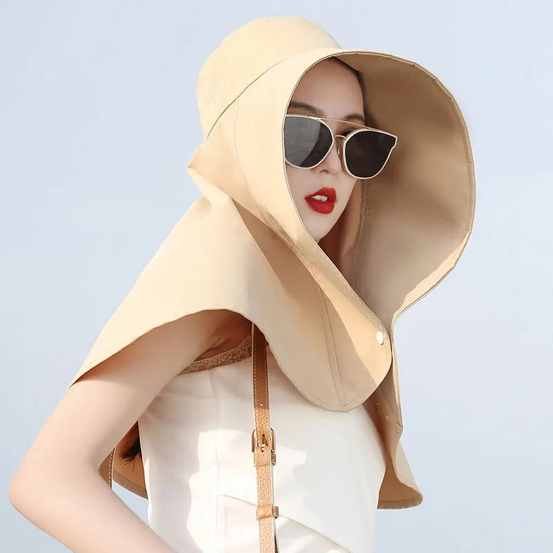 2024 New Women's Large Brim Sun Hat - Bucket Cap with Neck Flap for Full Anti-UV Protection - Washable Beach Panama Hat