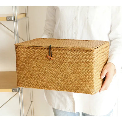 Handmade Seagrass Woven Storage Box with Lid - Seaweed Finishing Basket for Sundries, Bath Cosmetics, and Towels, Model MX01161829