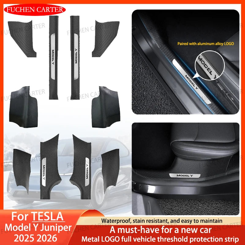 Tesla Model Y Juniper 2025–2026 Metal Logo Door Sill Protectors – Front and Rear Anti-Kick Threshold Guard Strips