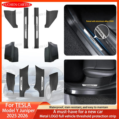 Tesla Model Y Juniper 2025–2026 Metal Logo Door Sill Protectors – Front and Rear Anti-Kick Threshold Guard Strips