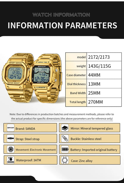 SANDA 2172/2173 Men’s Digital Watch - Multifunction Waterproof LED Electronic Wristwatch