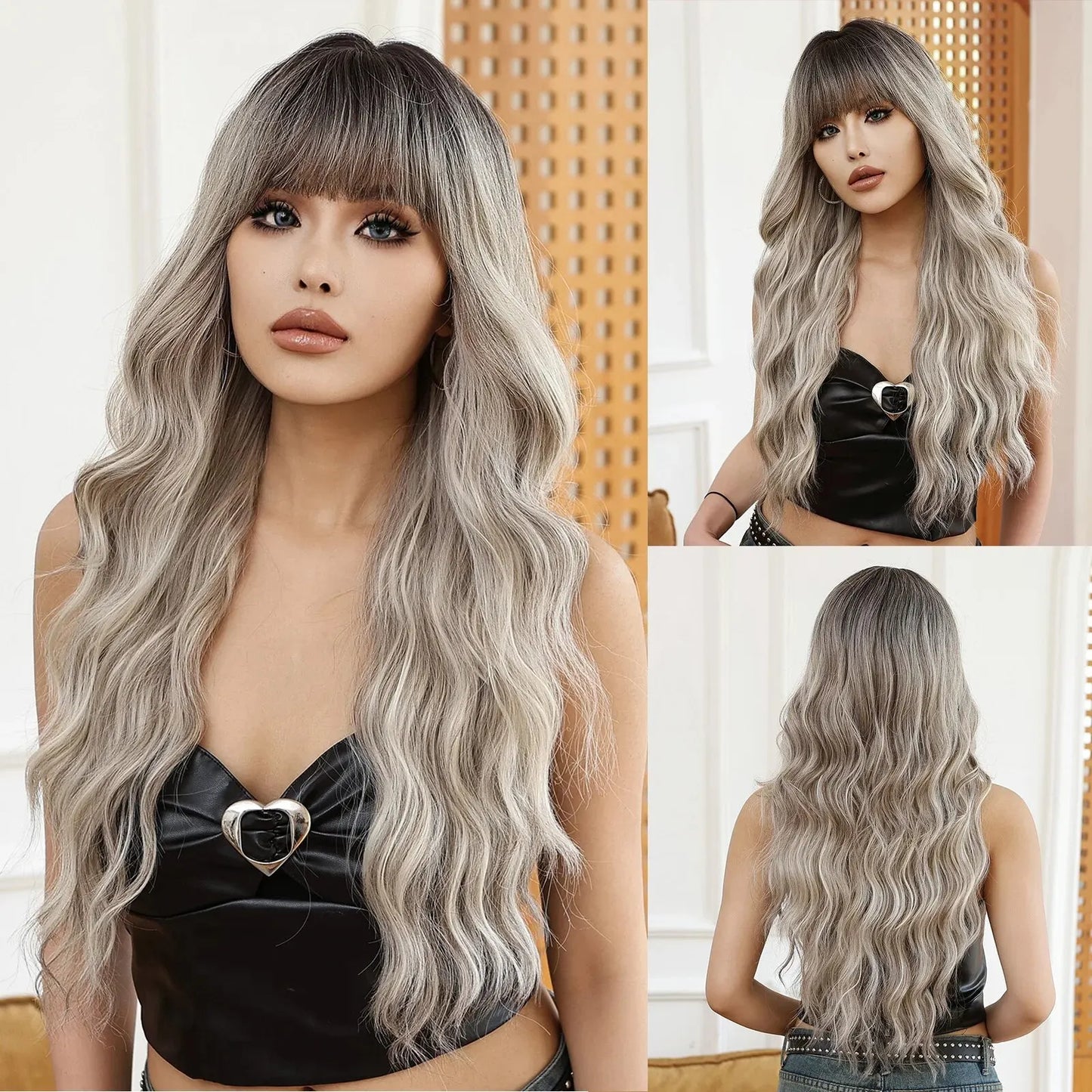 Long Orange Water Wave Wig for Women — Synthetic Wavy Hair with Bangs, Heat-Resistant for Cosplay & Party