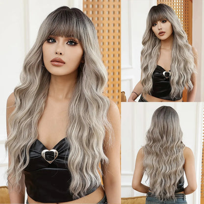 Long Orange Water Wave Wig for Women — Synthetic Wavy Hair with Bangs, Heat-Resistant for Cosplay & Party