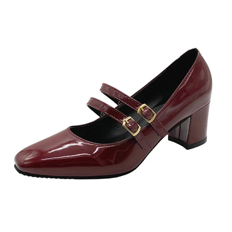 Elegant Women’s Mary Jane Chunky Heels – Square Toe Patent Leather Pumps with Double Ankle Strap