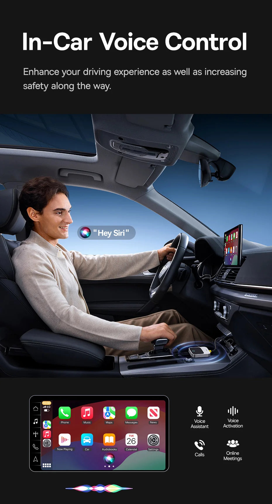 Baseus Wireless CarPlay Adapter - Wired to Wireless Auto Connect, Plug & Play Bluetooth Smart Car System