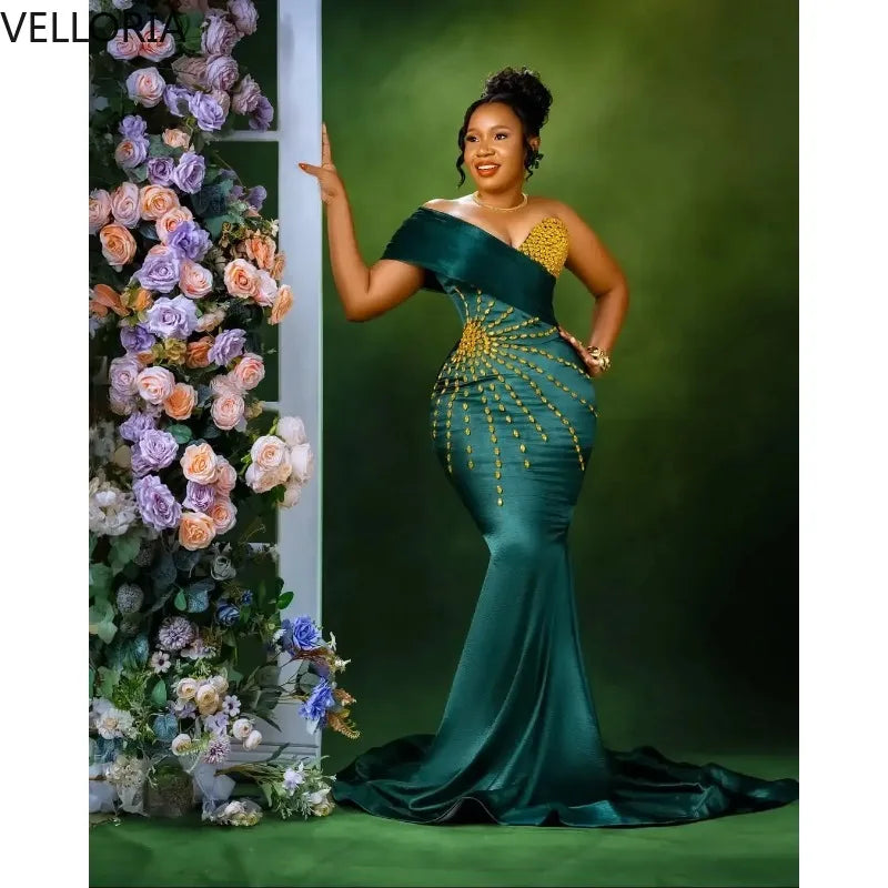 African Emerald Green Off-Shoulder Mermaid Evening Dress – Gold Beaded Bodycon Party Gown Plus Size Formal Wedding Dress