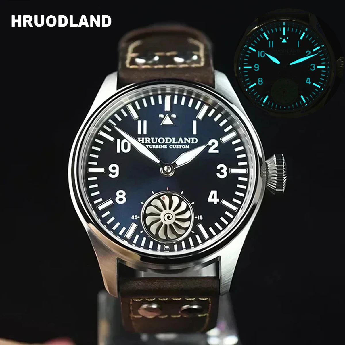 Hruodland 43MM Pilot Men’s Manual Mechanical Watch — Sapphire Crystal, BGW-9 Night Light, Turbine Design, Waterproof 5Bar
