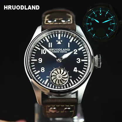 Hruodland 43MM Pilot Men’s Manual Mechanical Watch — Sapphire Crystal, BGW-9 Night Light, Turbine Design, Waterproof 5Bar