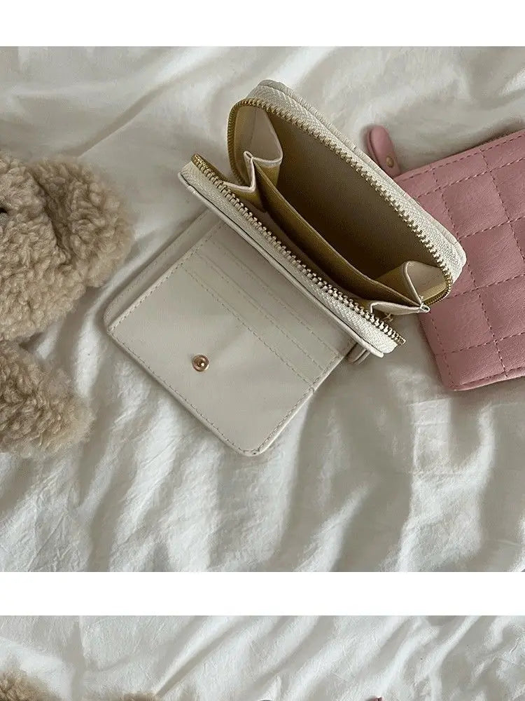 Women’s Small PU Leather Zipper Wallet with Coin Purse – Cute Plaid Mini Korean Card Holder, New Arrival