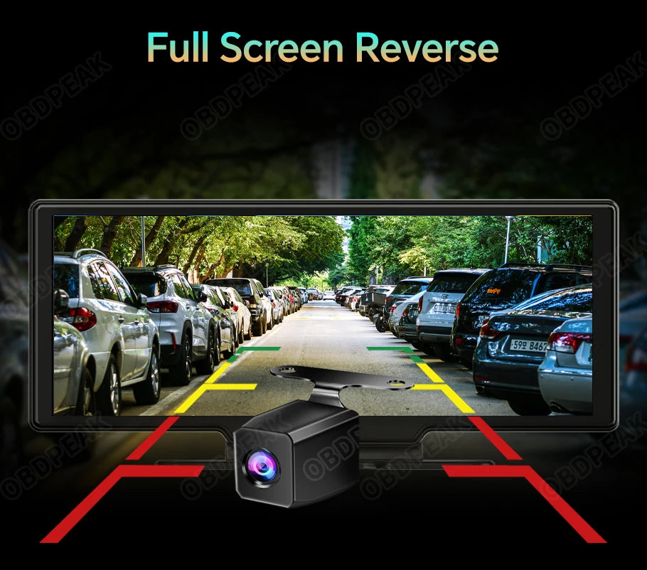 OBDPEAK K2 2.0 Dash Cam – 10.26" 4K Car DVR with CarPlay & Android Auto, GPS Navigation, Rearview Mirror Video Recorder