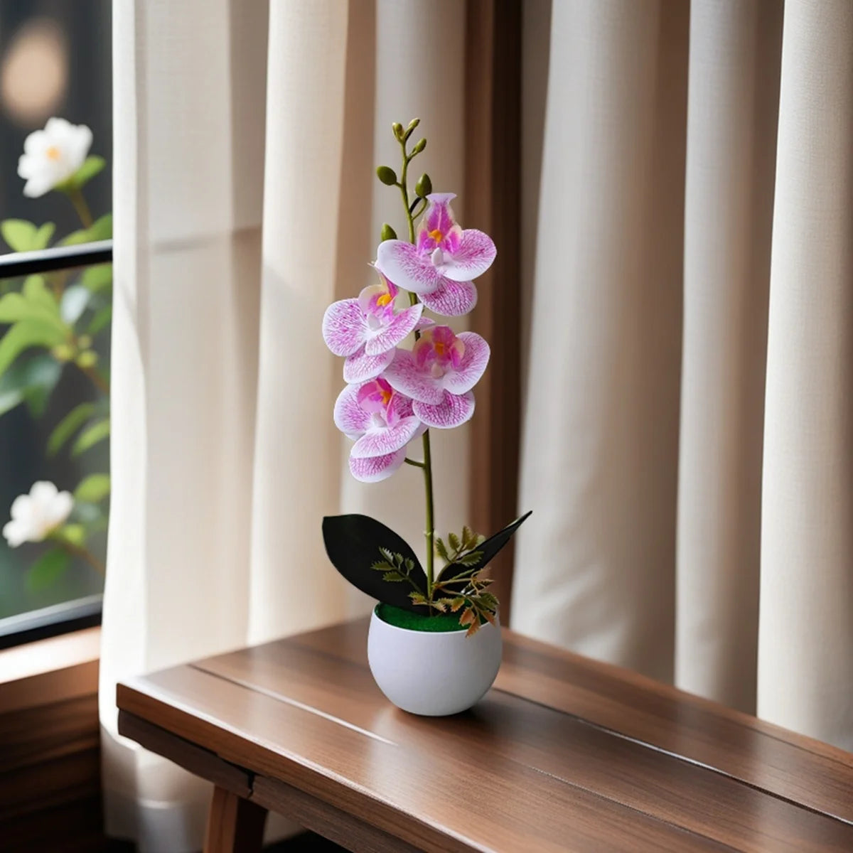 Realistic Artificial Orchid in Plastic Pot – Fake Flower Decoration for Home, Office & Hotel