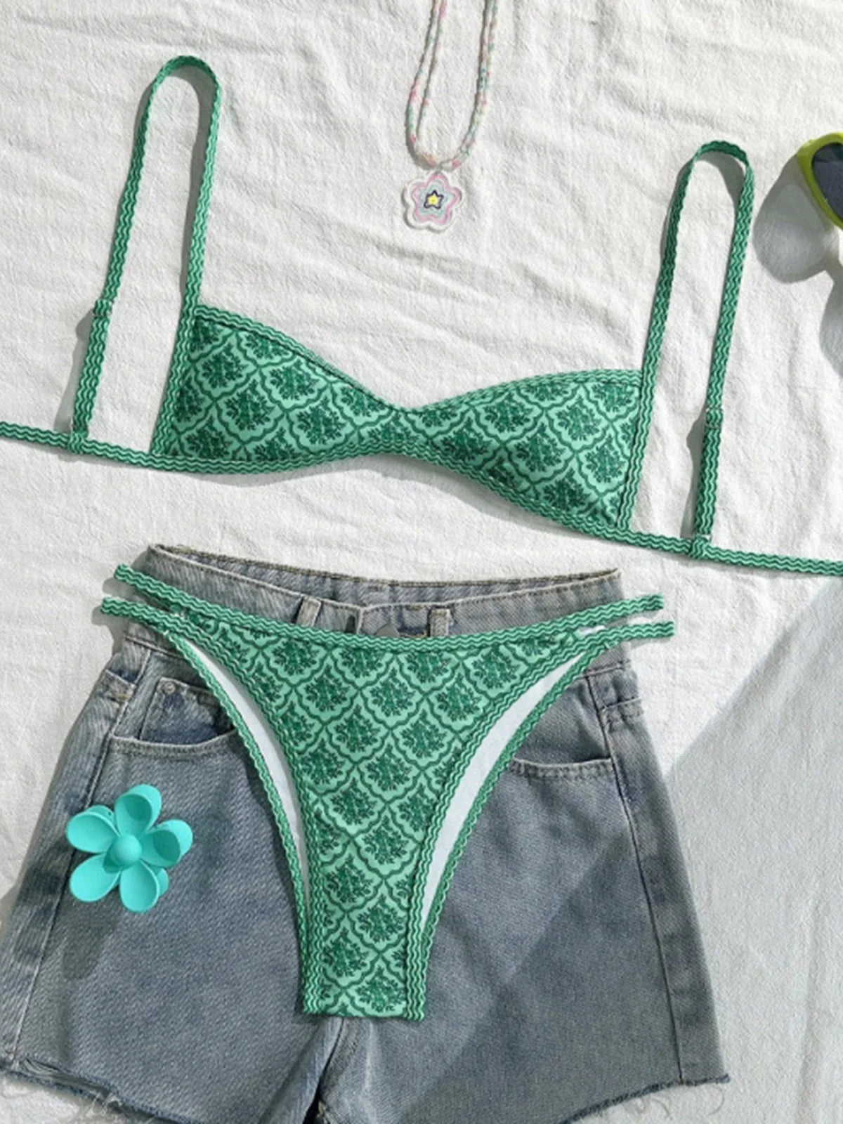 Floral Print High Leg Bikini Set - Women's Two Piece Swimsuit High Cut Beach Swimwear