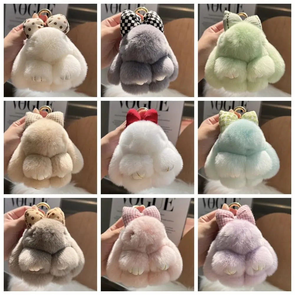 Hair Bow Rabbit Fur Keychain – Cute Fluffy Bunny Plush Bag Charm & Couple Pendant