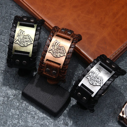 Vintage Viking Leather Braided Bracelet for Men - Celtic Wolf Head Bangle, Classic Animal Motif Jewelry & Hand Accessories