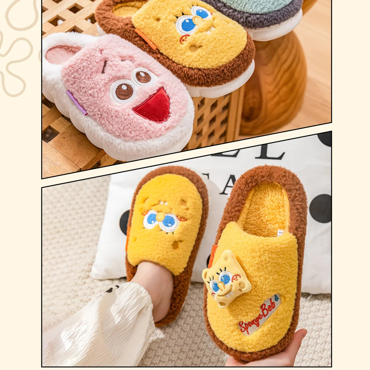 SpongeBob Suede House Slippers for Men & Women — Slip-On Fuzzy Indoor/Outdoor Shoes with Faux Fur Lining
