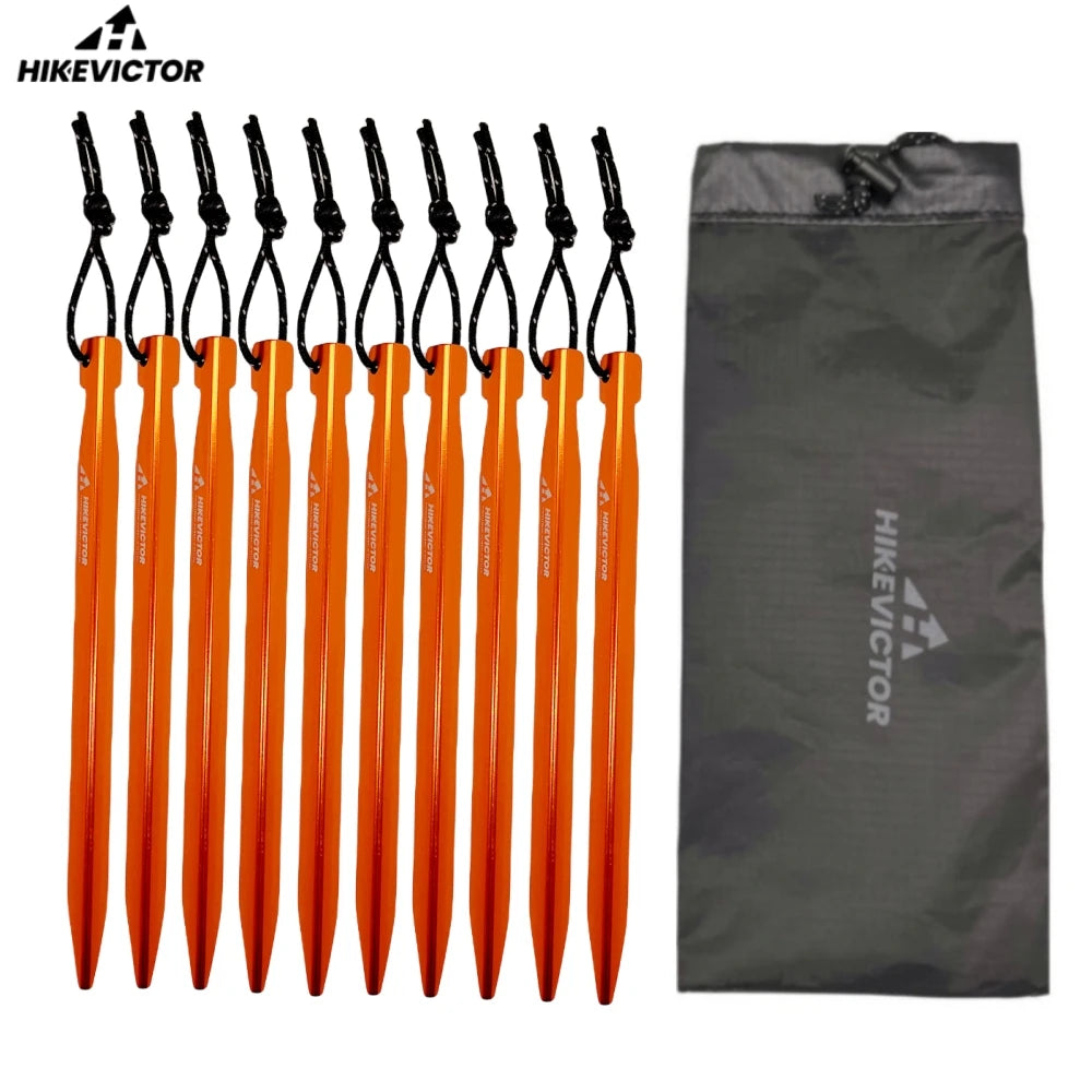 Hikevictor 10pcs Aluminum Alloy Ultralight Tent Pegs 16cm | Outdoor Camping Ground Nail Stakes with Wind Rope Storage Bag
