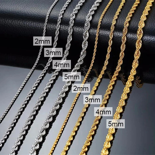 304 Stainless Steel Twist Rope Chain Necklace – PVD Gold Plated, 2-5mm Width for Men & Women, Fashion Accessories