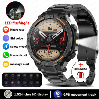Military Smartwatch for Men – 360x360 HD Screen, Flashlight, Heart Rate, Health Monitor, Waterproof, BT Call for Android & iOS